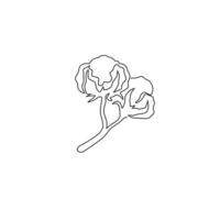 One single line drawing of whole soft and fluffy cotton flower for farming logo identity. Staple fiber flower concept for garden icon. Modern continuous line draw design vector graphic illustration