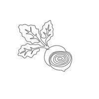 One single line drawing whole and half sliced healthy organic beetroot for farm logo identity. Fresh table beet concept vegetable icon. Modern continuous line draw design graphic vector illustration