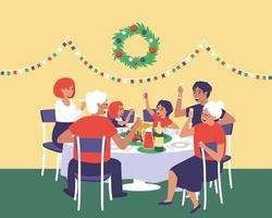 The family celebrates Thanksgiving at the table vector
