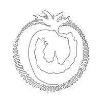 Single continuous line drawing sliced healthy organic tomato for farming logo identity. Fresh tropical vegetable concept for vegie garden icon. Swirl curl circle background style. One line draw vector