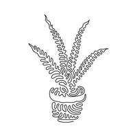 Single continuous line drawing potted snake plant for home decor logo identity. Fresh evergreen perennial plant concept for plant icon. Swirl curl style. Dynamic one line draw graphic design vector
