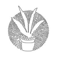 Planta de serpiente en maceta con dibujo de una sola línea para la identidad del logotipo de decoración del hogar. concepto de planta perenne de hoja perenne fresca para icono de planta. estilo del fondo del círculo del rizo del remolino. vector de diseño de dibujo de línea continua