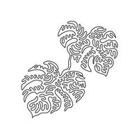 Single one line drawing monstera leaf. Tropical leaves minimalistic style, abstract floral pattern concept for poster, wall decor print. Swirl curl style. Continuous line design vector illustration