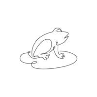 Single continuous line drawing of happy frog above lotus leaf on swamp lake for kids educational book. Cute pet animal icon concept. Dynamic one line vector draw graphic design illustration