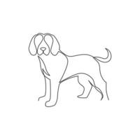 One continuous line drawing of simple cute beagle puppy dog icon. Mammals animal logo emblem vector concept. Dynamic single line draw graphic design illustration