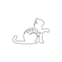 One single line drawing of simple cute cat kitten icon. Pet shop logo emblem vector concept. Dynamic continuous line draw design graphic illustration