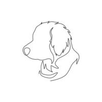 One single line drawing of simple cute puppy dog icon. Pet shop logo emblem vector concept. Trendy continuous line draw design graphic illustration