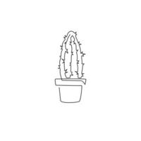 One continuous line drawing cute potted tropical spiny cactus plant. Printable decorative houseplant concept home decor wallpaper ornament. Modern single line draw design graphic vector illustration