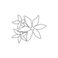 One continuous line drawing of beauty fresh deciduous jasmine flower. Printable poster decorative jasminum concept for home wall decor art. Modern single line draw graphic design vector illustration