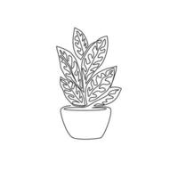 One single line drawing of cute potted tropical aglaonema plant. Printable decorative houseplant concept for home wall decor ornament. Modern continuous line graphic draw design vector illustration