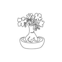 Dibujo de línea continua única Adenium en maceta de belleza fresca para logotipo de jardín. Cartel imprimible decorativo de la flor de la rosa del desierto concepto parque decoración de la pared del hogar. Ilustración de vector de diseño de dibujo de una línea moderna