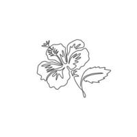 One single line drawing of beauty fresh hibiscus for garden logo. Decorative rose mallow flower concept for home wall decor poster. Modern continuous line graphic draw design vector illustration