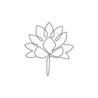 One continuous line drawing of beauty fresh lotus for spa business logo. Printable poster decorative garden water lily flower concept for wall home decor. Single line draw design vector illustration