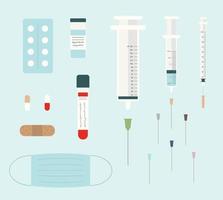 Medical set with empty syringe, insulin syringe and syringe with vaccine. Vector illustration collection in flat style.