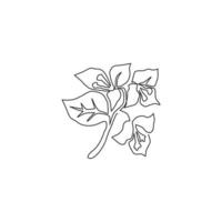 Single continuous line drawing of beauty fresh bougainville for home wall decor poster art. Printable decorative thorny vine flower concept. Modern one line draw design vector graphic illustration