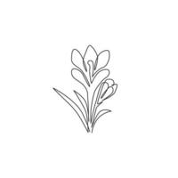 Single continuous line drawing of beauty fresh croci for home wall art decor poster print. Printable decorative crocus flower concept for card ornament. Modern one line draw design vector illustration