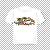 Diseño de grupo de animales salvajes en camiseta aislado sobre fondo de cuadrícula vector