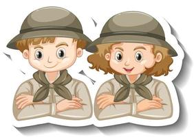 Couple kids wear safari outfit cartoon character sticker vector