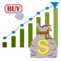 La tabla de crecimiento se muestra con una flecha hacia arriba. bolsa de dinero y botón de compra. concepto de crecimiento de los ingresos económicos, ganancias, compra y venta de acciones, inversiones. mejor ilustración vectorial sobre negocios vector