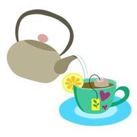 metal teapot with handle pours water into blue cup of tea with slice of lemon and tea bag. Illustration of drinking utensils, beverage preparation, illustration in vector