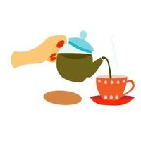 woman's hand pours herbal, fragrant and hot tea from blue teapot into red mug on saucer. Brewing tea, making drink. Top vector illustration