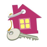 Grey metal key on string with keychain, icon in the shape of pink house. concept of buying and selling real estate. House keys with the house label on the ring. The vector is top.