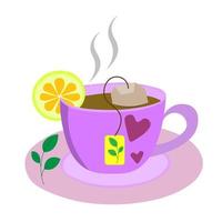 violet cup of aromatic tea with slice of lemon and sprig of mint on saucer. The tea is brewed with tea bag. It's time to drink hot tea, quench your thirst. Vector illustration.