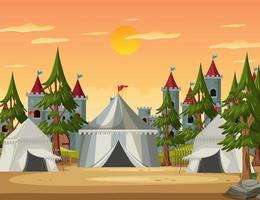 Campamento militar medieval con carpas y castillo. vector