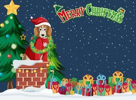 Plantilla de tarjeta de navidad con perro beagle sentado en la chimenea vector