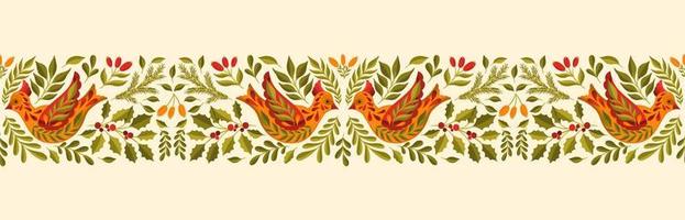 Seamless border ornament Christmas holiday.Bird and plant floral decoration. vector