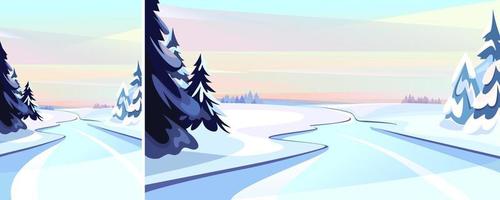Frozen river at dawn. Winter scenery in different formats. vector