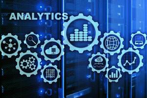 Technology Analytics concept on virtual screen. Big data with graph icons on a digital screen interface and a server room background photo