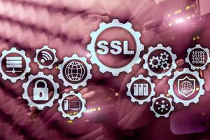 SSL Secure Sockets Layer concept. Cryptographic protocols provide secured communications. Server room background photo