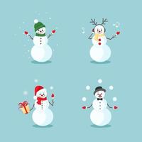 Christmas and New year  set with cute snowmen in different poses and emotions, in a Santa Claus hat, in a scarf, hat, listening to music with headphones, juggling with snowballs. Vector illustration