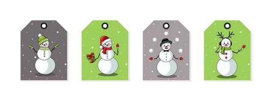 set of doodle postcards with snowmen. Festive winter cards with a snowman in a long scarf and gloves. Vector stock illustration. NewYear Christmas tags cute collection.