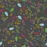 Hand drawn vector seamless pattern with floral elements on a dark background. Vector pattern with leaves, twigs, branches, berries, grass. Vector illustration