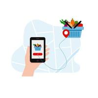 food delivery of vegetables through the application on the phone vector