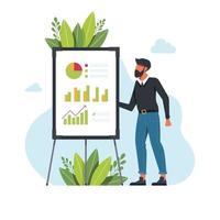 Businessman standing near the blackboard making a presentation. Vector. Indicates and explains the diagram, gives report. Young beautiful business man against. Business presentation planning strategy. vector