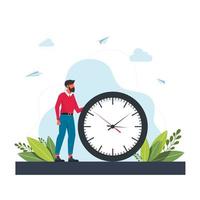 hombre apresurado y reloj de pared. concepto de gestión del tiempo, planificación eficaz para el trabajo productivo, tarea estresante, fecha límite, cuenta atrás. Ilustración de vector colorido plano moderno para cartel, banner.