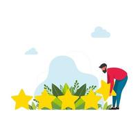 man collects 5 gigant stars businessman collect a stars. good performance in services and work. conceptual and business design concept. Rating concept. feedback online, clients product review vector
