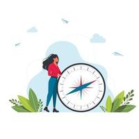 Vector illustration of woman is holding a big compass in her hands. Cartography Orienteering, Navigation Equipment, Choose Correct Direction, Tourism and Hiking Concept. Cartoon Vector Illustration