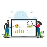 Sales forcasting and index, profit analysis.Sales Progress concept with chart on monitor.People use a magnifying glass to search, pointer and analyze data. Man and woman stands near the monitor screen vector