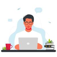 man working at laptop. Work at home concept design. Freelance man working on laptop. smiling man is sitting with laptop.Around the Internet, email, message icons. Freelancer programmer with a laptop. vector