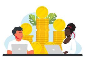 Freelancers of all races work on laptops, making big bucks. Businessmen standing next to coins are working at a computer. Investors work for profit, income, dividends. Investment, money, finance vector