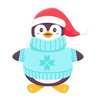 pingüino en un suéter. concepto de navidad y año nuevo. lindo pingüino divertido. ilustraciones de moda en color. diseño plano. aislado sobre fondo blanco. Ilustración de vector de pegatinas