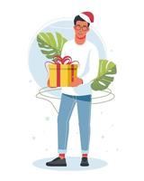 un hombre que sostiene una caja grande con un lazo de cinta envuelto en un regalo con un sombrero de santa claus. concepto de vacaciones, navidad y año nuevo 2022. gente feliz con regalos. ilustración vectorial aislado sobre fondo blanco. vector