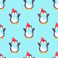 Penguins seamless pattern. Cartoon penguin in a cap, scarf and snowflakes. Vector cute winter illustration blue background. Merry Christmas and Happy New Year seamless pattern with penguins in vector