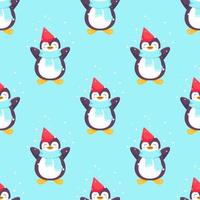 Penguins seamless pattern. Cartoon penguin in a cap, scarf and snowflakes. Vector cute winter illustration blue background. Merry Christmas and Happy New Year seamless pattern with penguins in vector