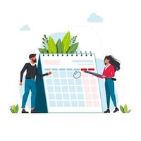 gestión del tiempo y concepto de fecha límite. empresarios que planifican eventos, fechas límite y agenda. calendario, horario, proceso de organización ilustración vectorial plana. concepto de gestión del tiempo para banner vector