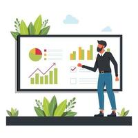 Businessman standing near the blackboard making a presentation. Indicates and explains the diagram, gives report. Young beautiful business man against. Business presentation planning strategy. Vector